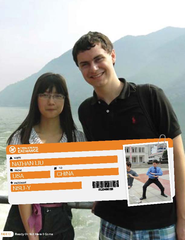 A teenage boy and girl stand next to each other in front of a railing with river and mountains in background. In foreground is a graphic of a passport with details about Nathan and a photo of him doing martial arts outdoors. View PDF.