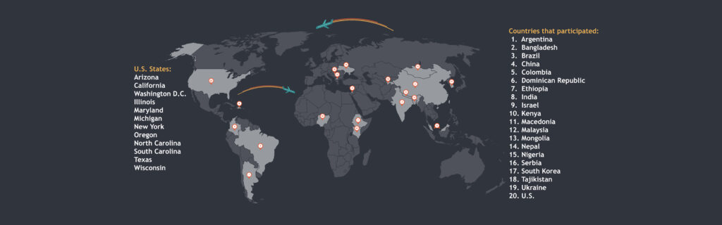 Map of Empower Partnerships for Inclusive Communities. States involved were: Arizona, California, Washington D.C., Illinois, Maryland, Michigan, New York, Oregon, North Carolina, South Carolina, Texas, and Wisconsin. Countries involved were: Argentina, Bangladesh, Brazil, China, Colombia, Dominican Republic, Ethiopia, India, Israel, Kenya, Macedonia, Malaysia, Mongolia, Nepal, Nigeria, Serbia, South Korea, Tajikistan, Ukraine, and U.S.