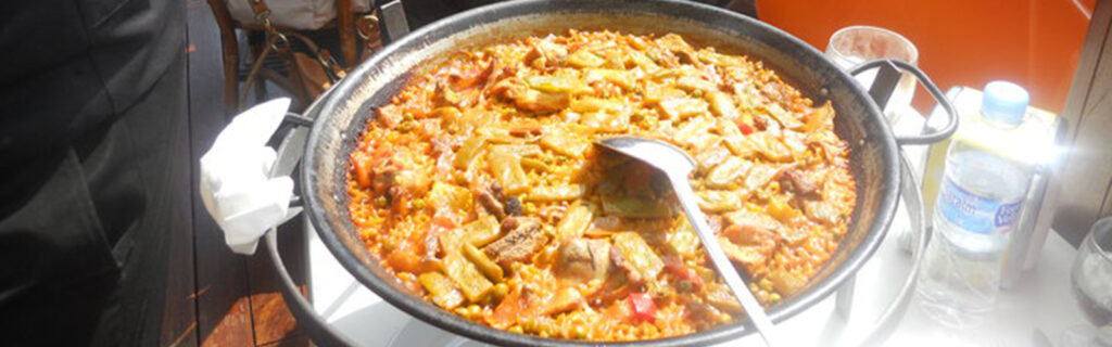 Large dish of paella, a traditional Spanish dish