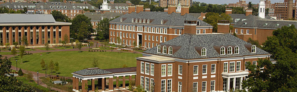Aerial view of a college campus building