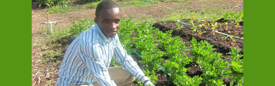Tijani, a young boy, kneeling in a garden plot
