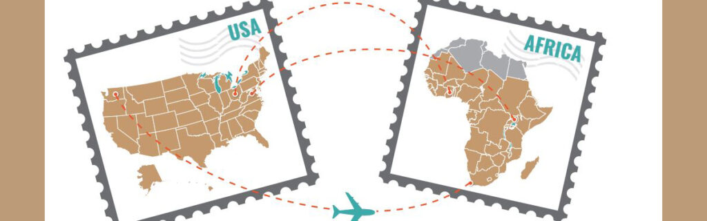 Graphic of two postage stamps depicting African continent and United States