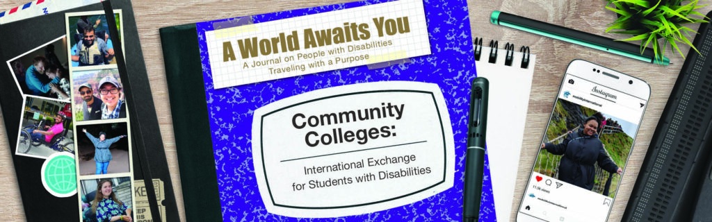 Purple notebook labeled "AWAY: Community Colleges" on a desk scattered with traveler photos and school supplies