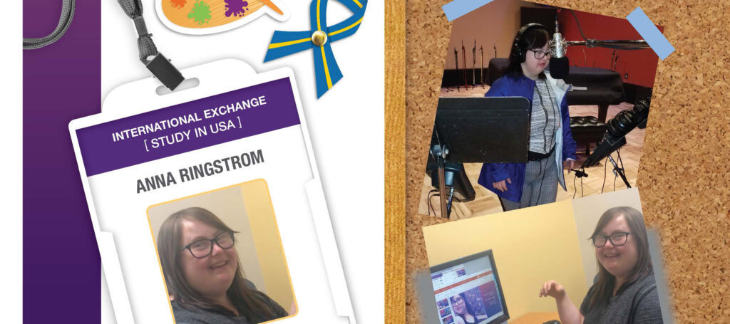 Collage of an ID badge showing Anna; a ribbon in Swedish flag colors; a paint palette; bulletin board with photos of Anna taped to it