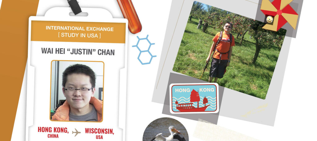 Collage of an ID badge showing Justin; a Hong Kong stamp; sticker of a pelican; photo of Justin in an orchard