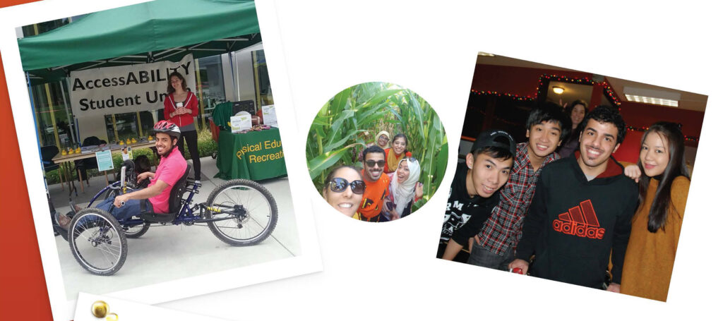 Collage of photos showing the same international student sitting in an adaptive bicycle at an AccessAbility Student Union; and hugging friends