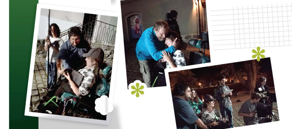 Collage of photos showing Shea interacting with fellow students on the set of a movie