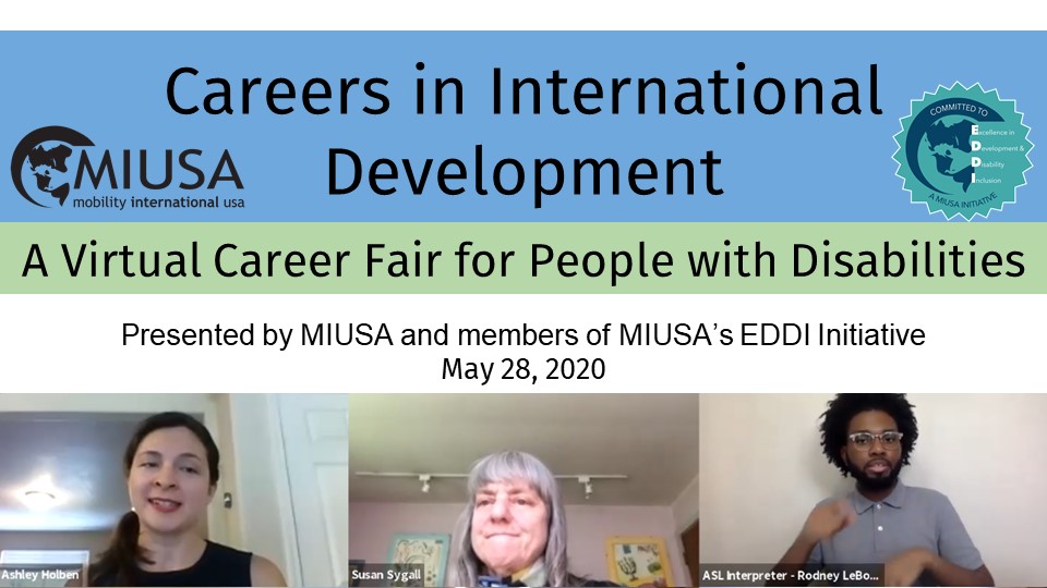 Title slide with text: "Careers in International Development" and MIUSA logo. Thumbnail Zoom images of MIUSA staff as well as the ASL interpreter.