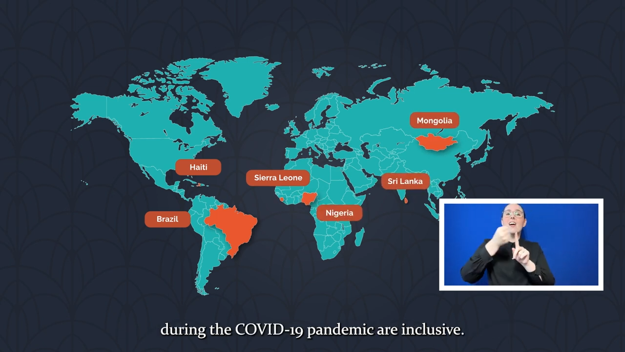 Screenshot from video showing a world map in blue with six countries highlighted in orange: Brazil, Haiti, Sierra Leone, Nigeria, Sri Lanka, and Mongolia. A sign language interpreter is interpreting in the bottom right corner.