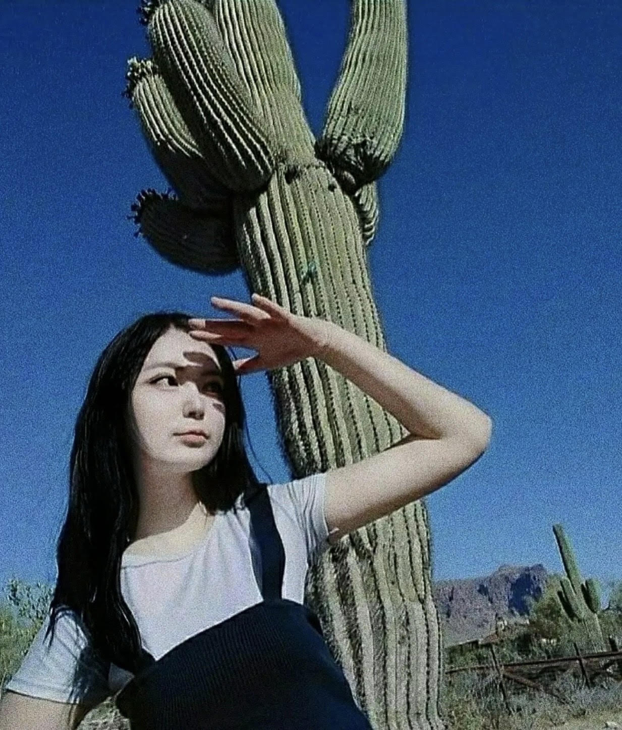 Young Mongolian woman with long black hair standing in front of a tall cactus. She holds her hand above her eyes, blocking the sun