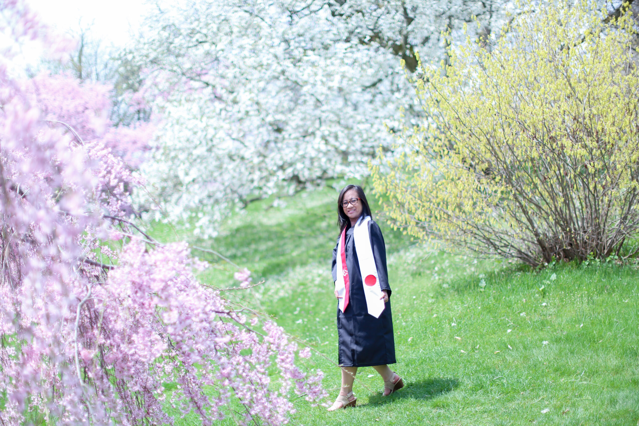 Geraldine is a young woman with Asian heritage wearing graduation gown with Japanese flag motif, stands in a field of pink, yellow and white cherry blossoms