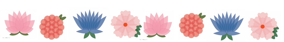 A row of illustrations of small flowers including pink lotus and cherry blossom and a blue flower