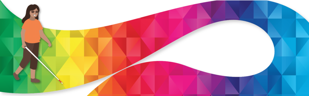 An illustrated figure using a white cane embarks on a curved multicolor path