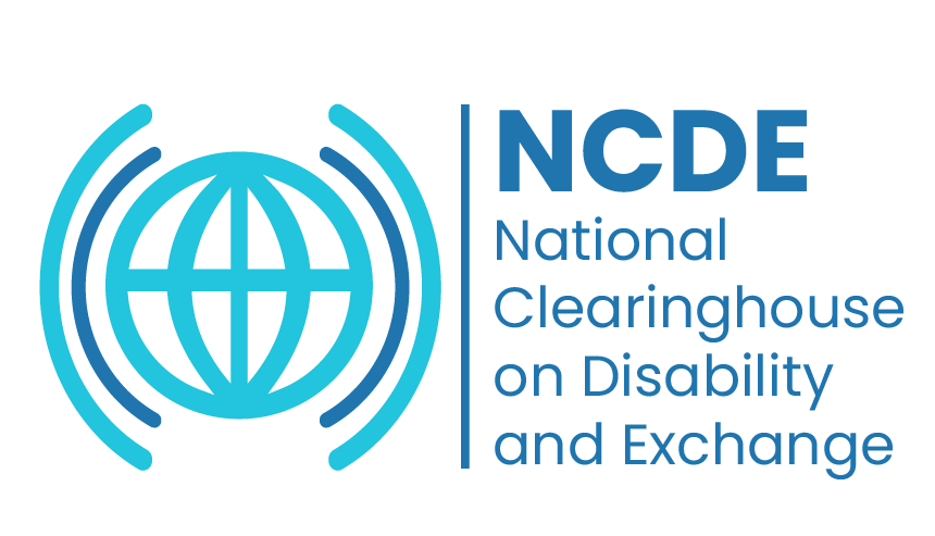 NCDE logo - a stylized globe that emits waves on either side. text: National Clearinghouse on Disability and Exchange is to the right of the image