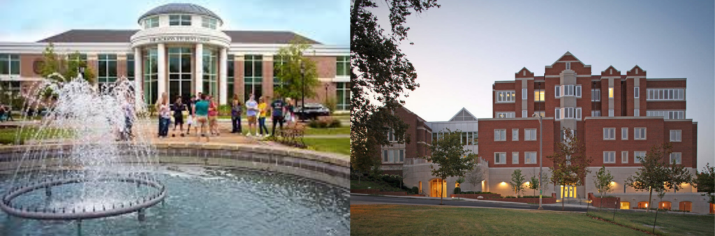 To the left is an image of Coastal Carolina University with an outdoor water fountain in the foreground and students standing in front of a university building in the background. On the right is an image of the outside of Haslam College of Business, a multi-story red brick building surrounded by trees.