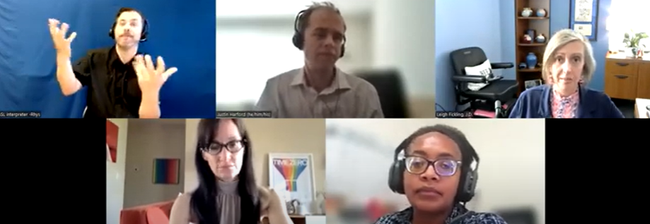 A zoom call screenshot of a past NCDE webinar with five people shown, including NCDE staff, panelists, and an ASL interpreter.