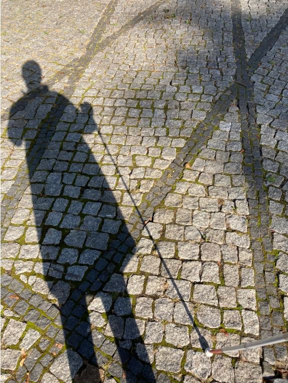 A shadow - presumably Stephen's - is cast on a cobblestone street of a figure standing and holding a long cane. The actual white cane is partially visible in the photo.