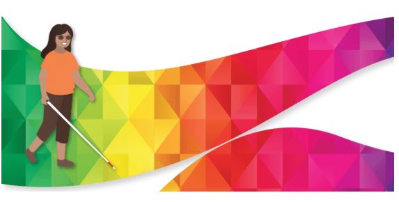 A cartoon figure embarks on a curvy rainbow path using a white cane