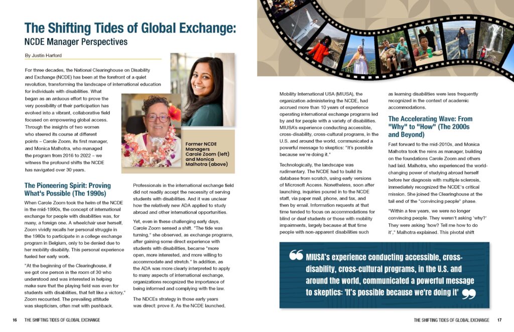 Magazine article spread with columns and boxes of text, plus photos of two former NCDE managers and exchange travelers
