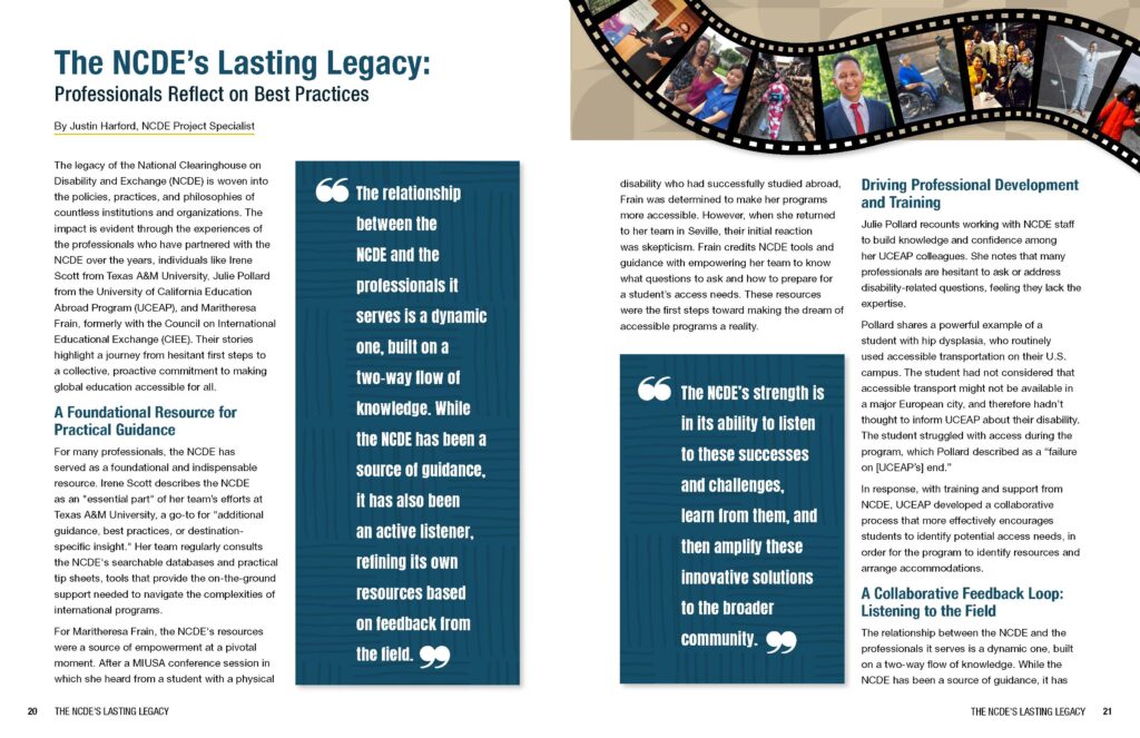 Magazine article featuring mostly text, including white quotes in blue boxes, with only decorative images of traveler photos