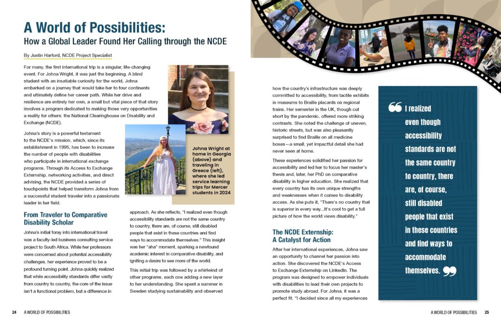 Magazine spread featuring columns of text, boxed text, and photos of Johna traveling